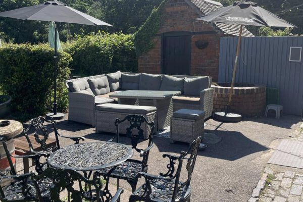 Patio seating area at The Horse and Jockey Bentley beer garden