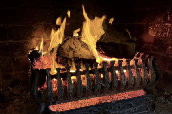 Open fire burning in the hearth at The Horse and Jockey Bentley