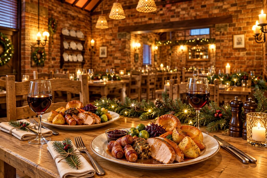 Festive turkey dinner in a brick and timber pub dining room inspired by the Horse & Jockey Bentley.
