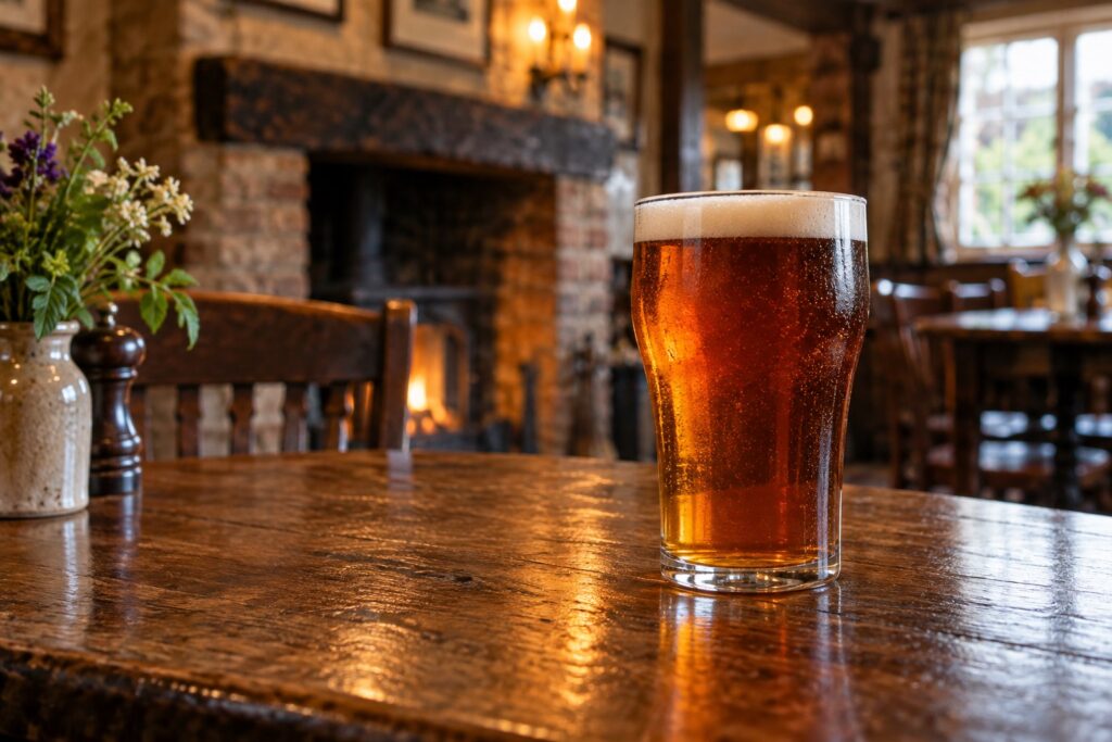 AI-generated illustration of a pint of amber ale on a wooden table in a welcoming country pub.